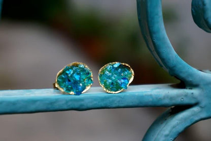 Sea Shell Silver Stud Earrings with Turquoise Murano Glass, Handmade Minimalist Jewelry, Organic Nature Studs, Gift for Protection & Prosperity, Gold or Sterling Silver 925