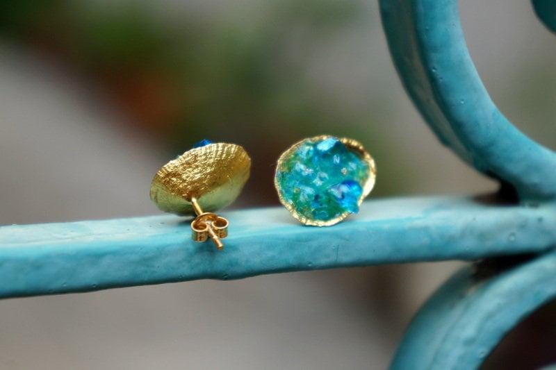 Sea Shell Silver Stud Earrings with Turquoise Murano Glass, Handmade Minimalist Jewelry, Organic Nature Studs, Gift for Protection & Prosperity, Gold or Sterling Silver 925