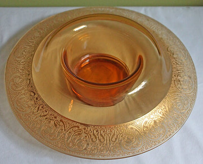 Antique Pink Glass Serving Plate with Center Handle & Black Rim. Delicate Gold Motif of Lotuses. Art Deco Cookies, Cupcakes, Sweets Platter.