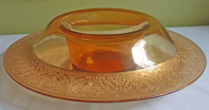 Antique Pink Glass Serving Plate with Center Handle & Black Rim. Delicate Gold Motif of Lotuses. Art Deco Cookies, Cupcakes, Sweets Platter.