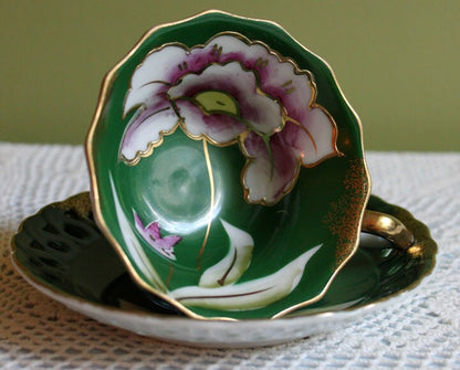 Vintage Dark Green Tea Cup and Saucer with Hand Painted Flowers