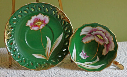 Vintage Dark Green Tea Cup and Saucer with Hand Painted Flowers