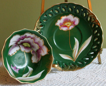 Vintage Dark Green Tea Cup and Saucer with Hand Painted Flowers