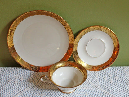 Antique Eschenbach Bavarian Porcelain Tea Trio: Gold Floral Cup, Saucer, Plate