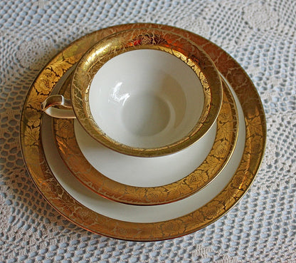 Antique Royal Jackson Tea Cup and Saucer: Cream Porcelain with Gold Band
