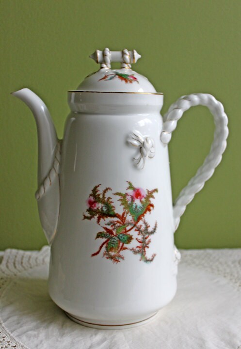 Antique Bavarian Coffee Pot. UNO Favorite, European Porcelain with Hand-Painted Violets. Fine Collectible China.