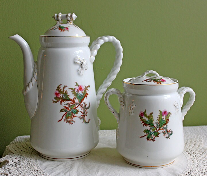 Antique Bavarian Coffee Pot. UNO Favorite, European Porcelain with Hand-Painted Violets. Fine Collectible China.