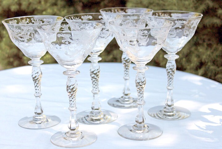 Tiffin Franciscan Sweet Wine Glasses. Set of Four Byzantine Etched Stemware. Floral Motif.