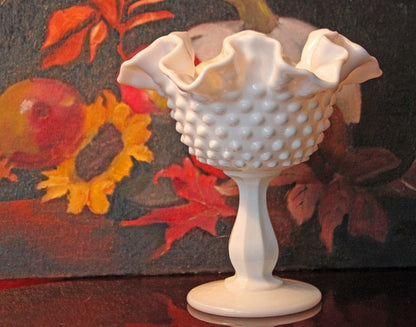 Fenton Milk Glass Compote, Hobnail Scalloped Ruffle Bowl