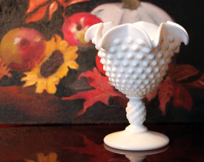 Milk Glass Footed Bowl Shaped like Hibiscus. White Glass Compote with Hobnail Pattern and Scalloped/Ruffled Rim. Serving Dish. Trinket Dish.