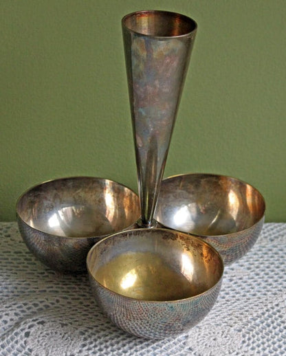 Silver Plated Cluster of Three Serving  Bowls with Vase in Center - by Mesa, Italy