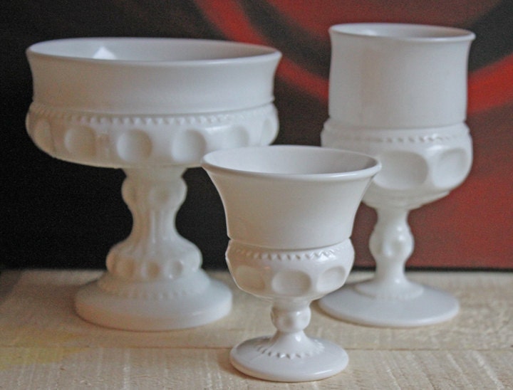 Vintage Milk Glass Compote or Footed Bowl. White Glass Candy Dish. Trinket Dish. Waffle Pattern with Scalloped Reticulated Edge.