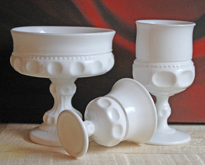 Vintage Milk Glass Compote or Footed Bowl. White Glass Candy Dish. Trinket Dish. Waffle Pattern with Scalloped Reticulated Edge.