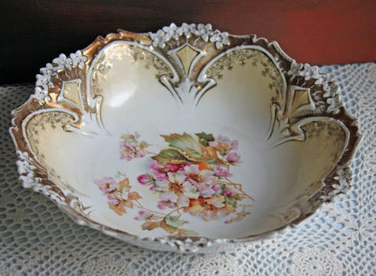 Porcelain Bowl by RS Prussia with Hand Painted Wild Roses and Embossing