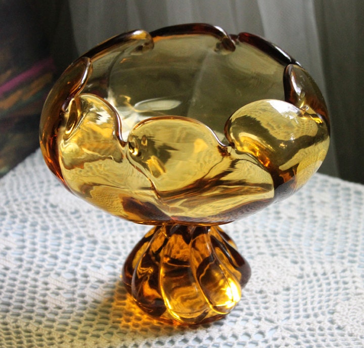 Candy Bowl.  Amber Glass Footed Bowl. Pinched Rim Bowl or Compote with Scalloped Rim and Ornate Foot. Glass Art Home Decor.