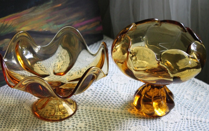 Candy Bowl.  Amber Glass Footed Bowl. Pinched Rim Bowl or Compote with Scalloped Rim and Ornate Foot. Glass Art Home Decor.