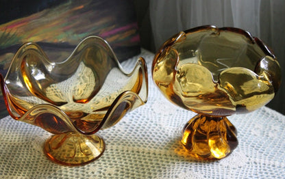 Candy Bowl.  Amber Glass Footed Bowl. Pinched Rim Bowl or Compote with Scalloped Rim and Ornate Foot. Glass Art Home Decor.