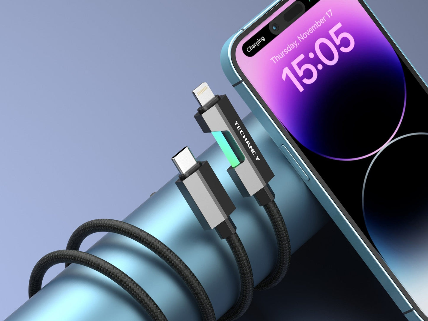 Techancy Cabo Usb-C Para Lightning TB1797, 1 Metro/30 Watts, Luzes Rgb, Trançado Em Alumínio, Compatível Com Iphone 11-14 Preto