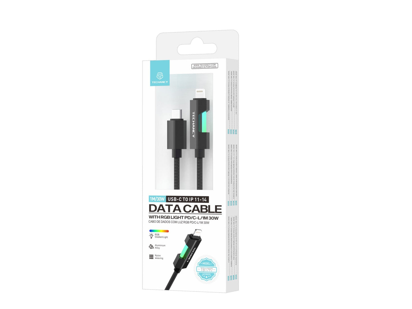 Techancy Cabo Usb-C Para Lightning TB1797, 1 Metro/30 Watts, Luzes Rgb, Trançado Em Alumínio, Compatível Com Iphone 11-14 Preto