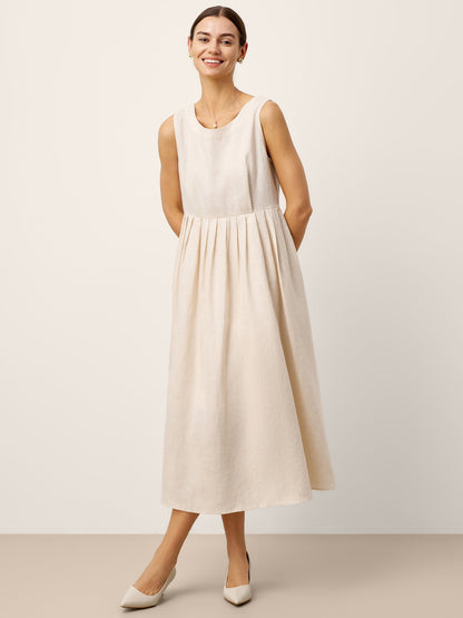 100% Linen Sleeveless Crew Neck Waist Pleated Maxi Dress SELENE
