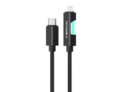 Techancy Cabo Usb-C Para Lightning TB1797, 1 Metro/30 Watts, Luzes Rgb, Trançado Em Alumínio, Compatível Com Iphone 11-14 Preto