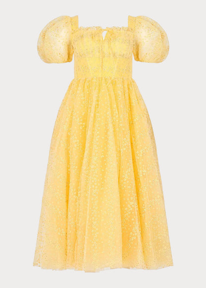 Everbloom Puff Sleeve Midi Dress in Yellow