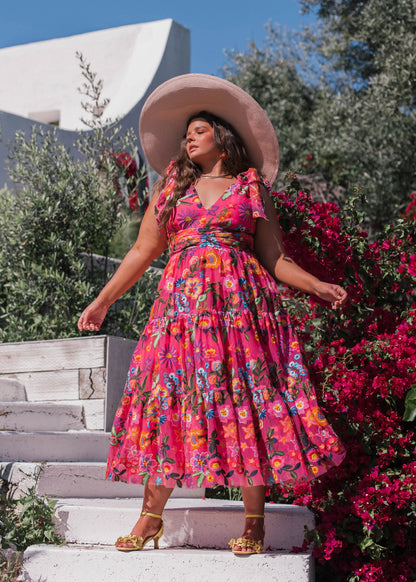Hibiscus Sleeveless Empire Waist Midi Dress