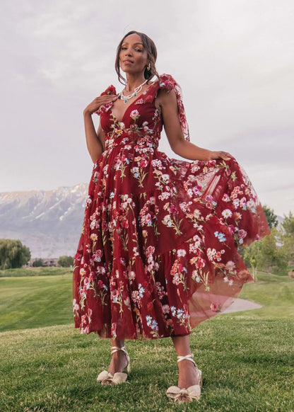 Margaret Floral Midi Dress Red