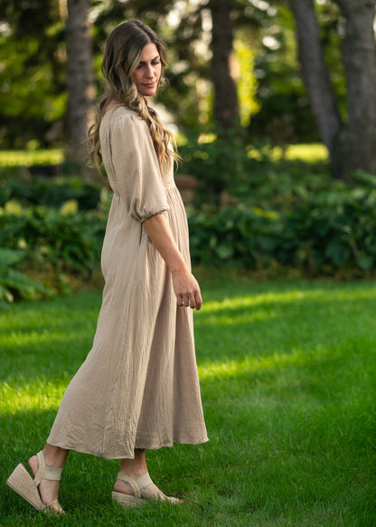 Kayleen Tan Smocked Bodice Gauze Dress
