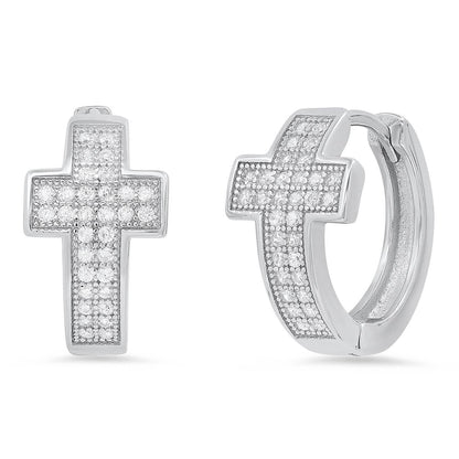 Ladies Sterling Silver and Simulated Diamonds Cross Huggie Earrings