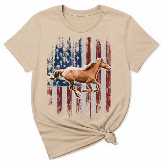 American Flag Horse Western Graphic Tee - Distressed Patriotic Western Top for Vintage Equestrian Spirit