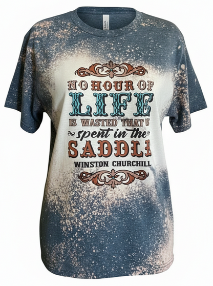 Winston Churchill Saddle Quote Graphic Tee | Bella + Canvas 3001 Deep Heather Teal T-Shirt | Western Equestrian Bleached Top | Horse Lover Gift Boutique Shirt