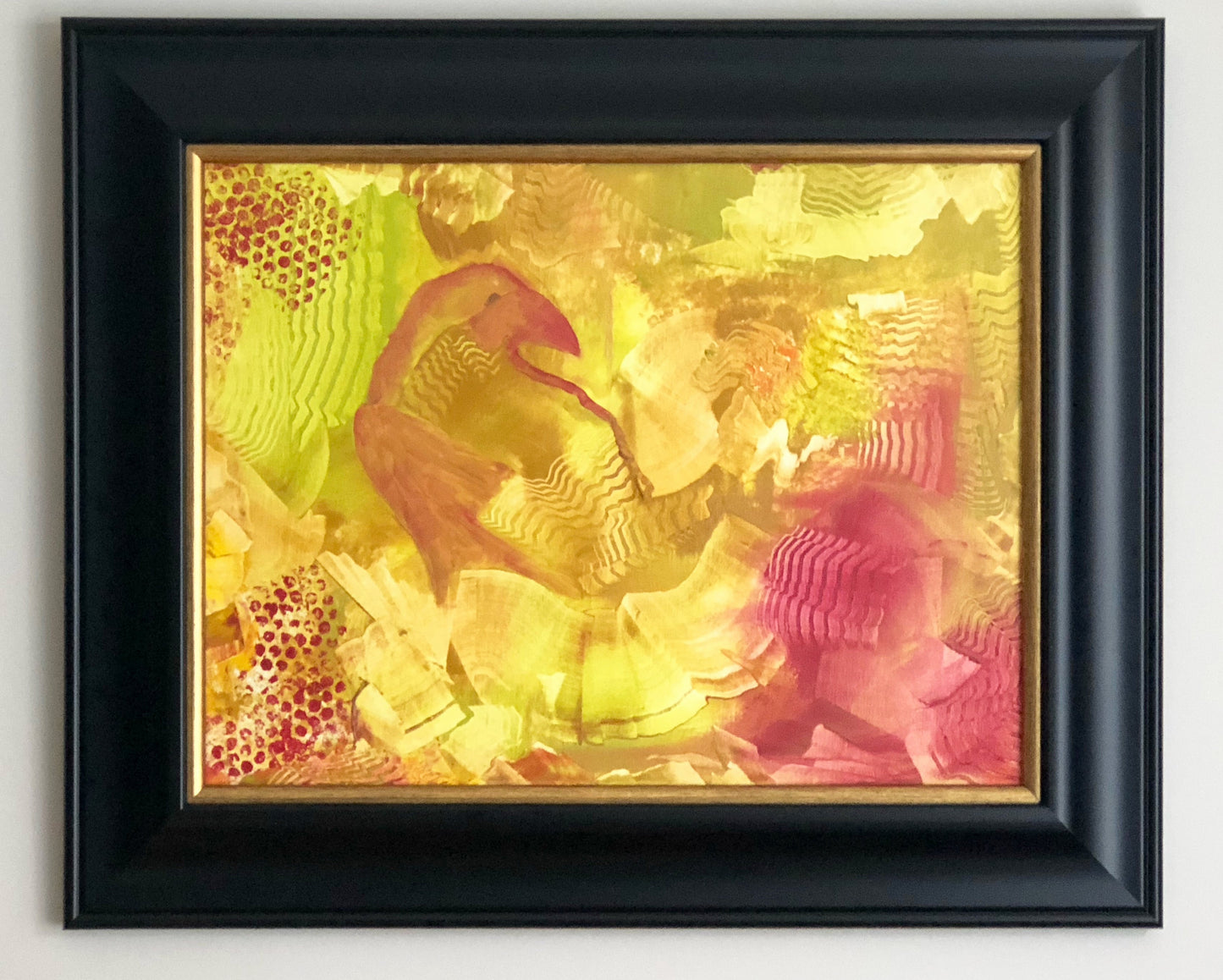 Abstract Raven Original Oil Painting. Painted in Shades of Red, Yellow, Orange. Framed.