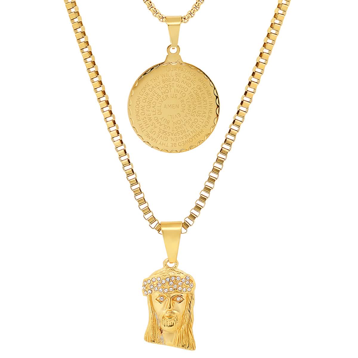 Men's Box Chain Double Row Pendant and Jesus Head Necklace