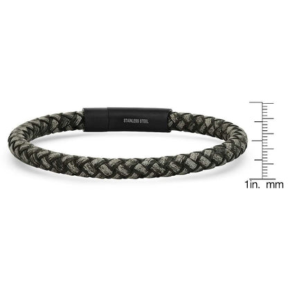 Men's Braided Black/Gray Leather and Black IP Stainless Steel Clasp Bracelet