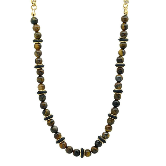 Men's Tiger Eye, Black Rubber and 18k Gold Plated Box Chain Necklace