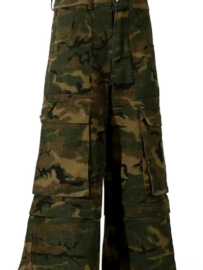 Green Utility Men's Wide Leg Camouflage Cargo Pants