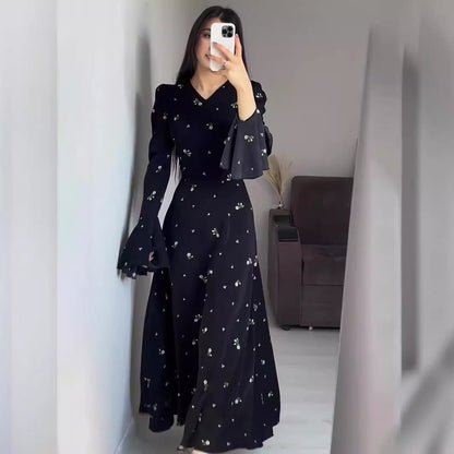 Modest V-Neck Boho Chiffon Black Floral Abaya Dress with Lotus Sleeve Flared Bell Sleeves(MA202)