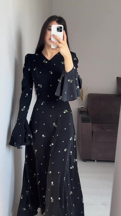 Modest V-Neck Boho Chiffon Black Floral Abaya Dress with Lotus Sleeve Flared Bell Sleeves(MA202)