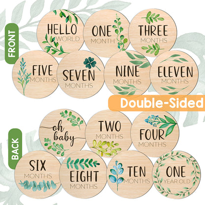 Wooden Baby Milestone Cards - Green Leaves