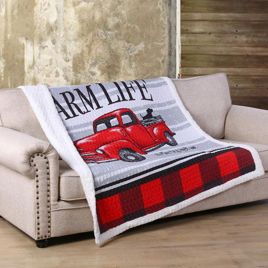 VIRAH BELLA Quilted Sherpa Throw Blanket 50" x 60" Farm Life - Red & Black Plaid Lightweight Throw Quilt Great for Loungers & Extra Bedding - Beautiful Lodge-Themed Blanket