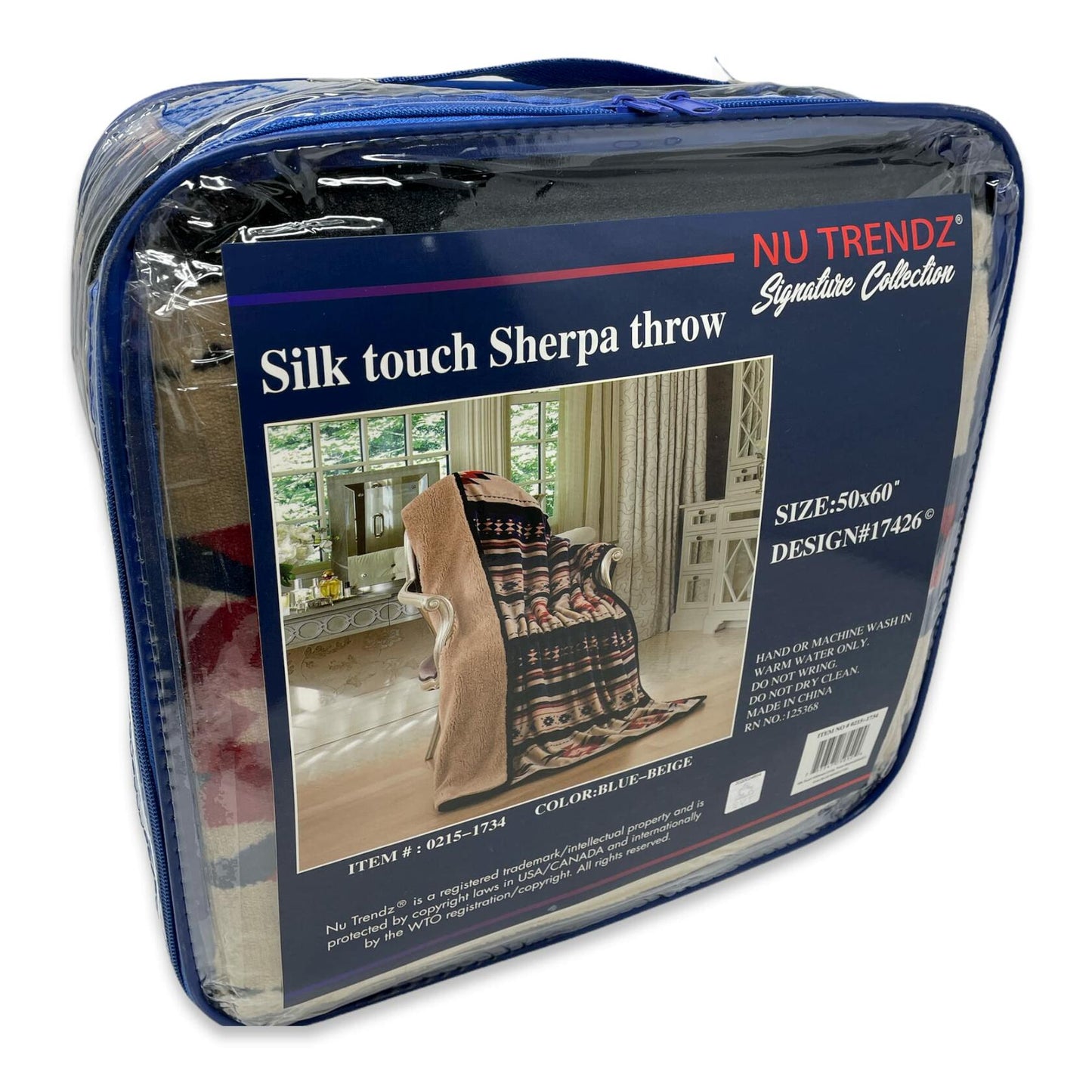 Nu Trendz Signature Southwest Design Sherpa Lined Throw Blanket 50"x 60" (Blue_Beige)