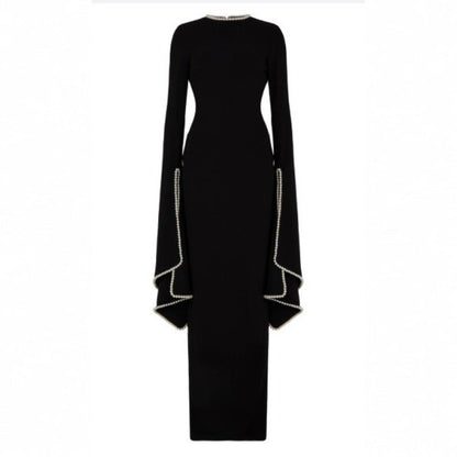 Pearl-Trimmed Cape Sleeve Evening Gown | Fitted Black Maxi Dress(MA355)