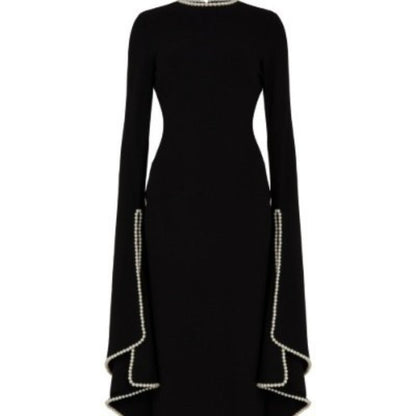 Pearl-Trimmed Cape Sleeve Evening Gown | Fitted Black Maxi Dress(MA355)