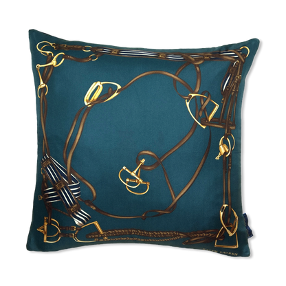 Green Equestrian Vintage Silk Scarf Pillow 18"