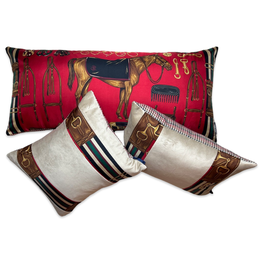 Equestrian Red Vintage Silk Scarf Pillows