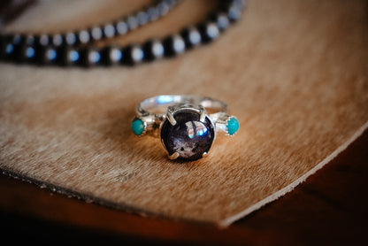 Everyday Weight Handmade Sterling Silver Ring with Star Sapphire + Kingman Turquoise | Western Statement Ring | Size 8.5