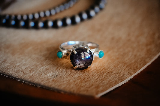 Everyday Weight Handmade Sterling Silver Ring with Star Sapphire + Kingman Turquoise | Western Statement Ring | Size 8.5