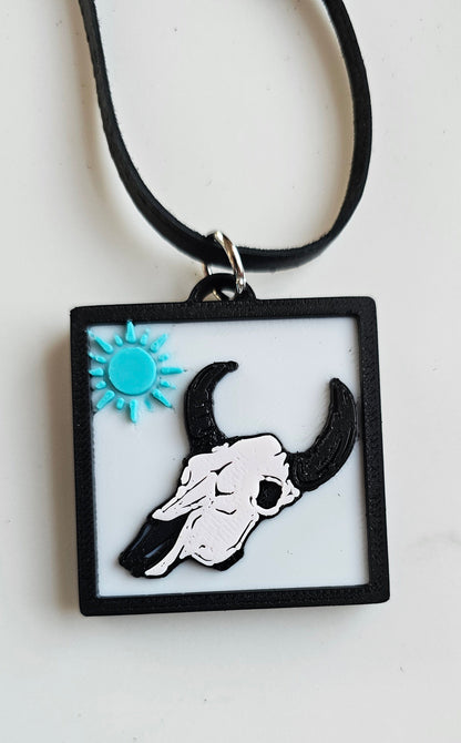 3D Print Picture Necklace on Deerskin Leather Western Bull Skull Desert Cactus Made in America