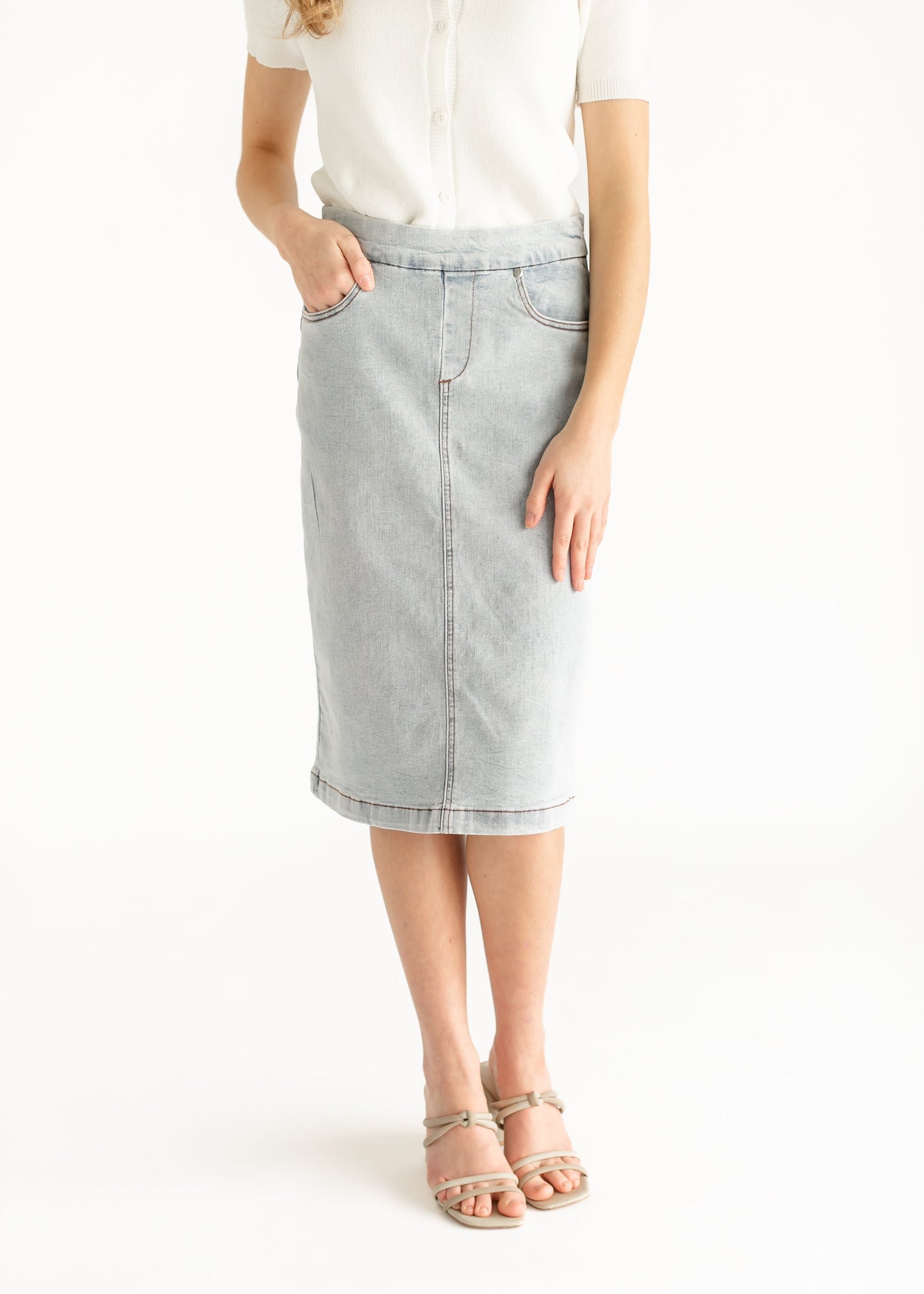 Sandra Light Wash Denim Midi Skirt - FINAL SALE